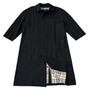 VTG Y2K Burberry Black Gabardine Wool Over Coat Nova Check Zip Lined 46L ALTERED